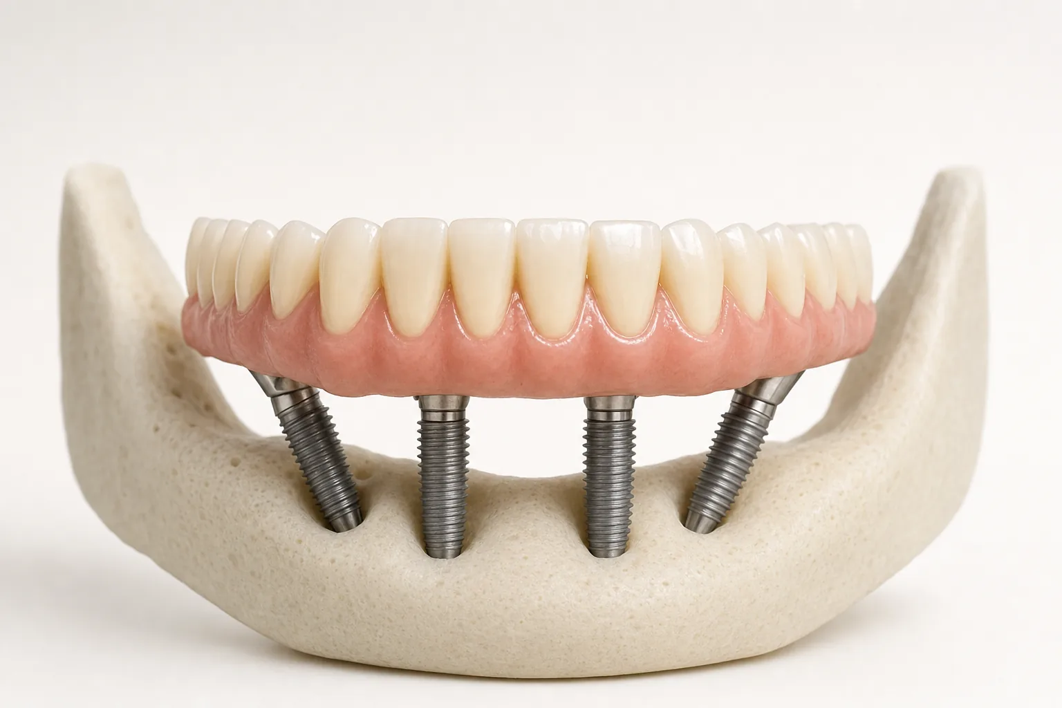 Festsitzende MALO Bridge auf vier Implantaten in der Frontansicht