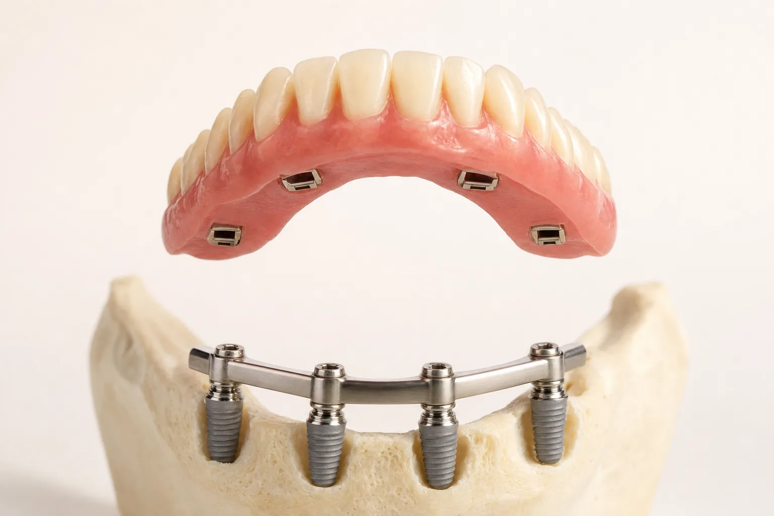 Herausnehmbare implantatgetragene Deckprothese mit sichtbarem Haltesystem