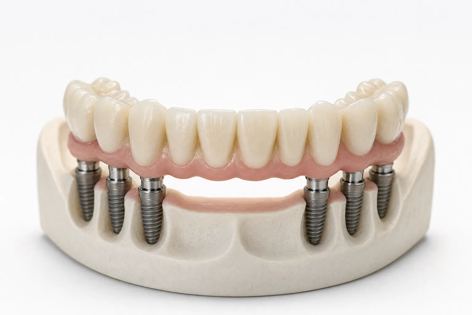 Sechs Implantate tragen eine festsitzende Br&uuml;cke am Kiefermodell