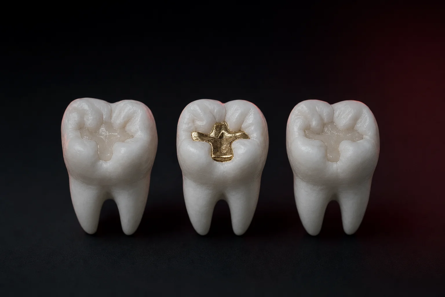 Drei Zahnmodelle mit Inlays aus Keramik, Gold und Komposit als Materialvergleich nebeneinander.