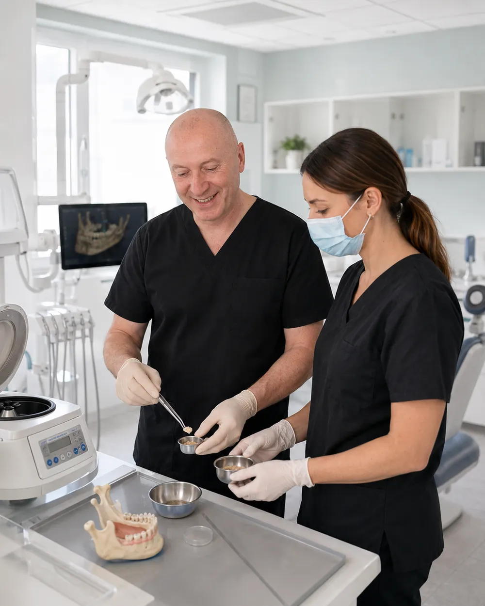 Arbeit am Zahnmodell im eigenen Dentallabor, Praxisklinik Dr. Fellmann & Kollegen in Dortmund