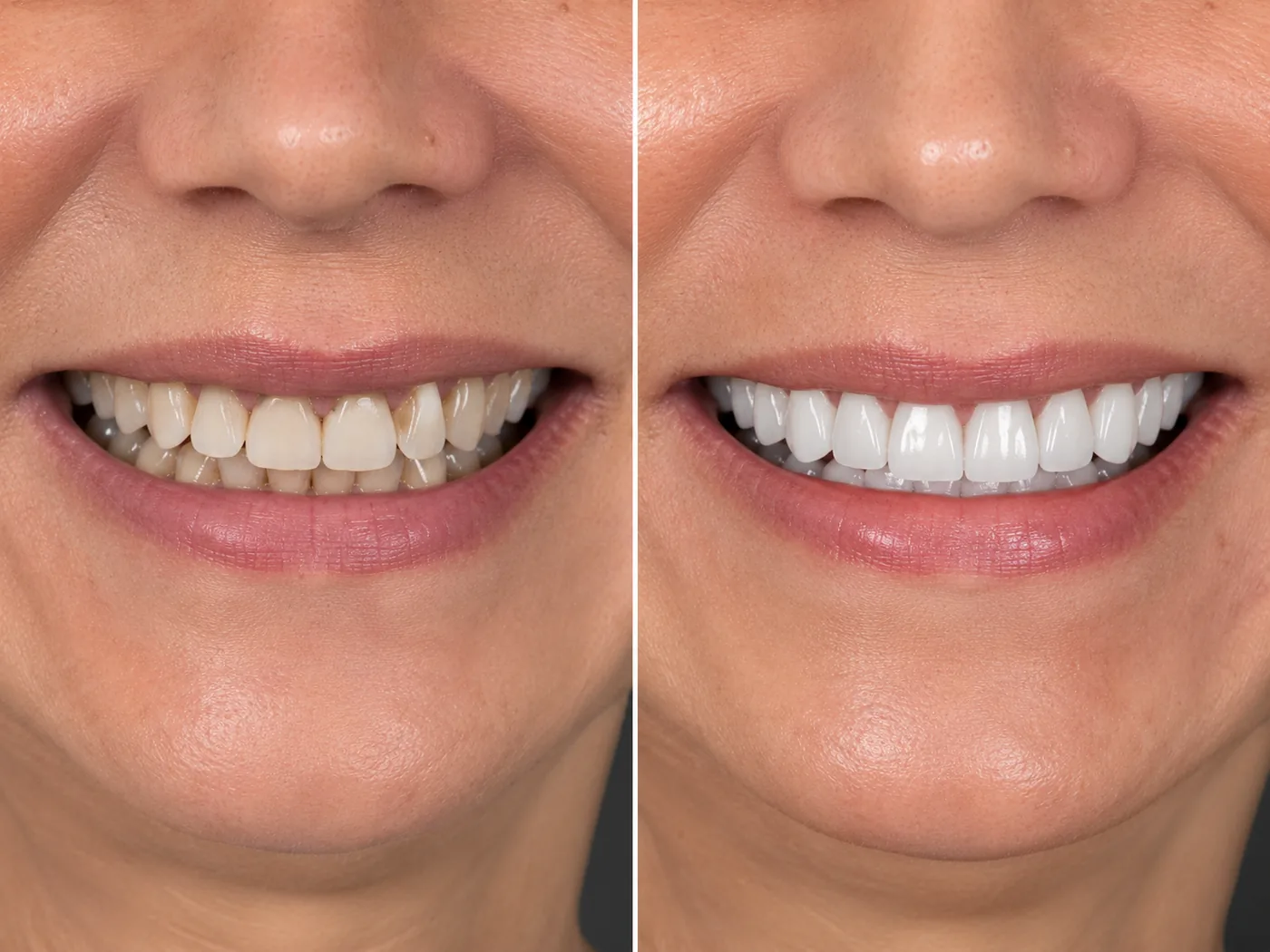Leichte Frontzahnl&uuml;cke vorher, gleichm&auml;&szlig;ige Z&auml;hne mit Veneers nachher