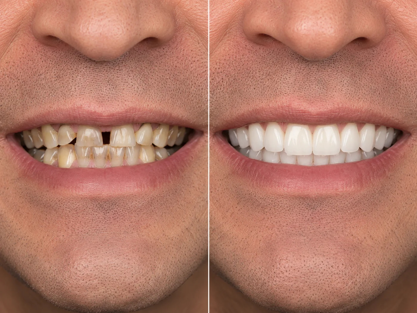 Ungleiche Z&auml;hne vorher, harmonische Z&auml;hne mit Veneers nachher