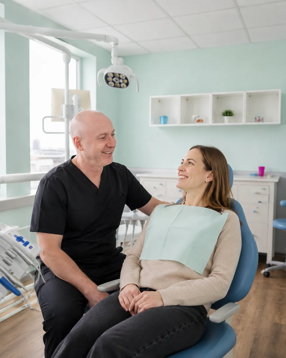 Vertrauensvolles Gespr&auml;ch am Behandlungsstuhl, Praxisklinik Dr. Fellmann & Kollegen in Dortmund