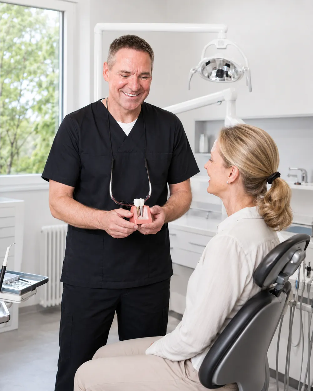 Zahnarzt erkl&auml;rt ein Implantatmodell, Praxisklinik Dr. Fellmann & Kollegen in Dortmund