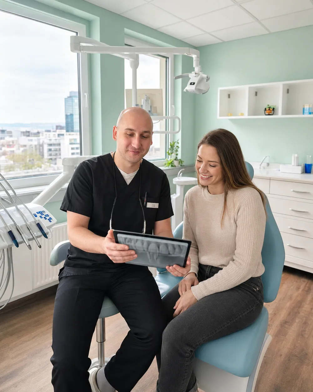 Zahnarzt erkl&auml;rt einer Patientin das R&ouml;ntgenbild, Praxisklinik Dr. Fellmann & Kollegen in Dortmund