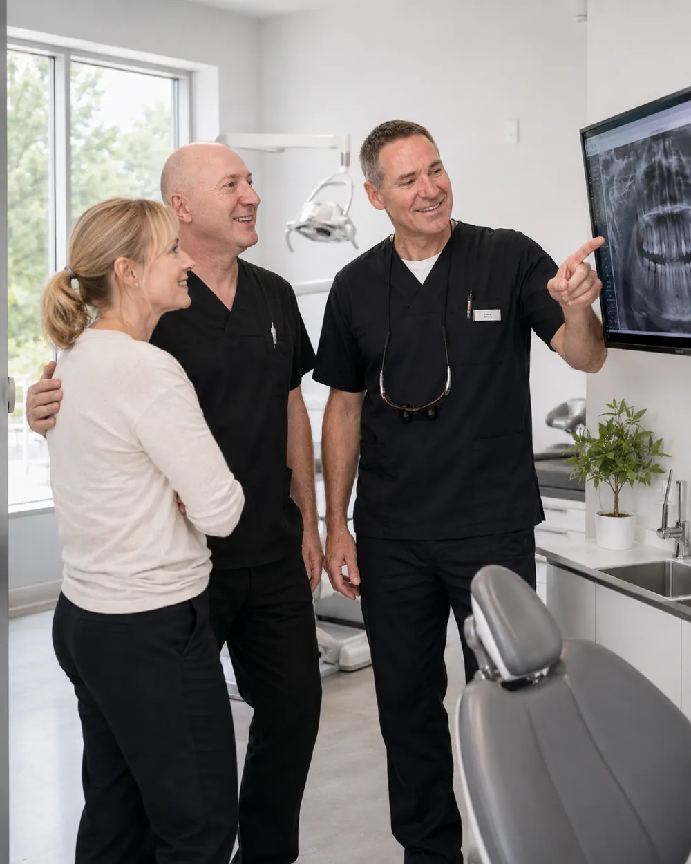 Zwei Zahn&auml;rzte erl&auml;utern ein R&ouml;ntgenbild, Praxisklinik Dr. Fellmann & Kollegen in Dortmund