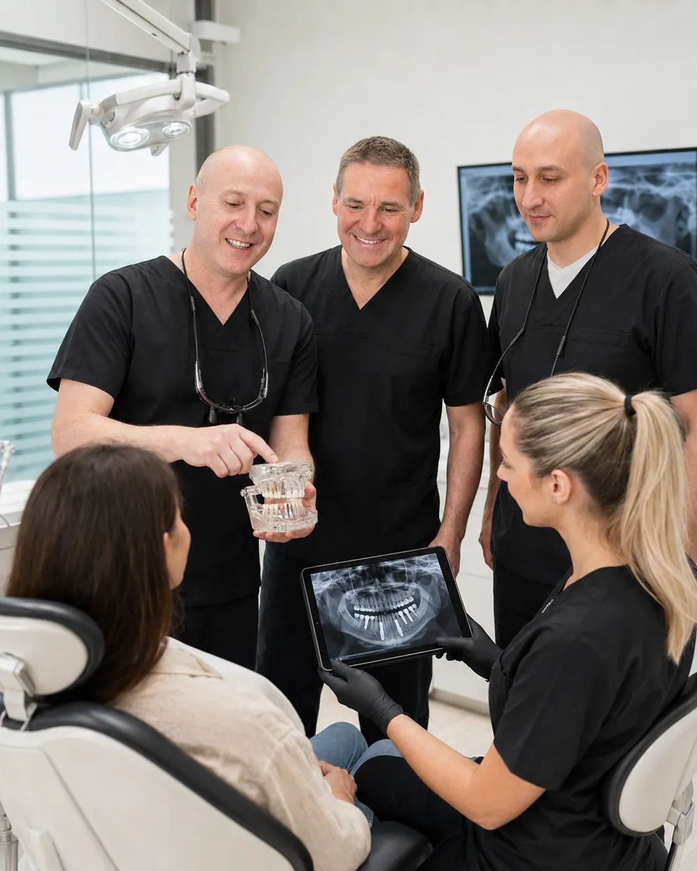 Behandlerteam erklärt einer Patientin ein Implantatmodell, Praxisklinik Dr. Fellmann & Kollegen in Dortmund