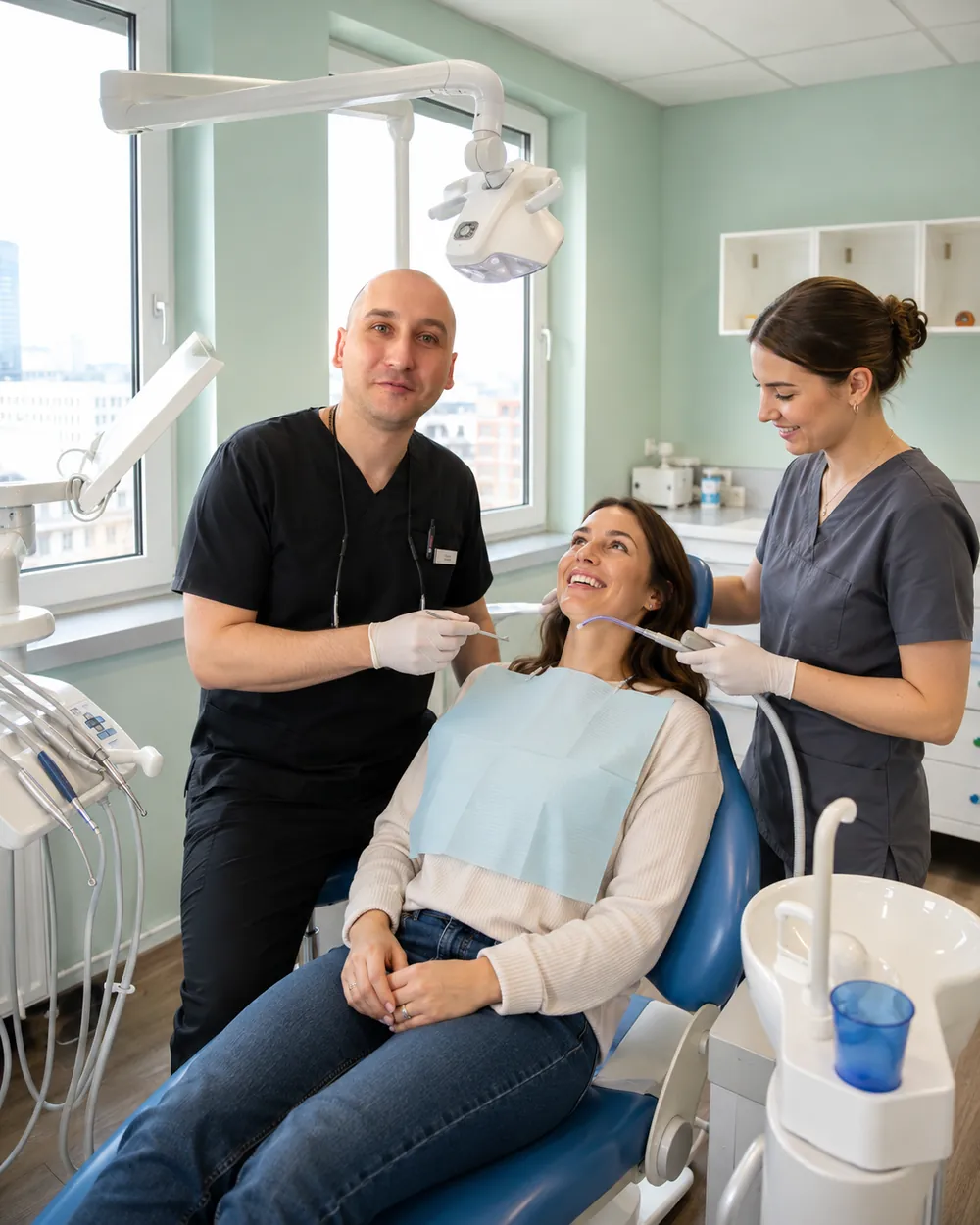 Zufriedene Patientin mit dem Behandlerteam, Praxisklinik Dr. Fellmann & Kollegen in Dortmund