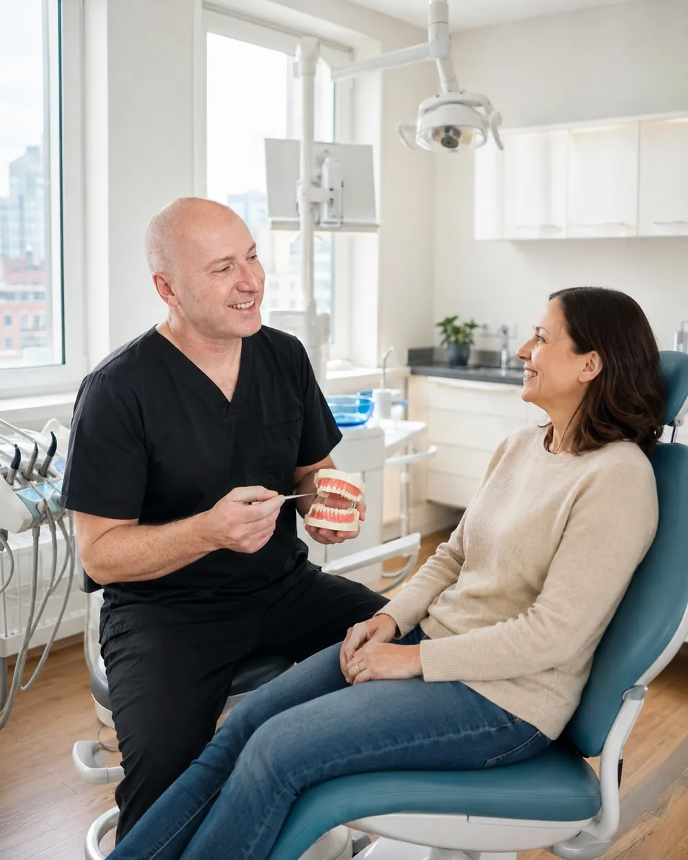 Beratung am Zahnmodell im Behandlungszimmer, Praxisklinik Dr. Fellmann & Kollegen in Dortmund