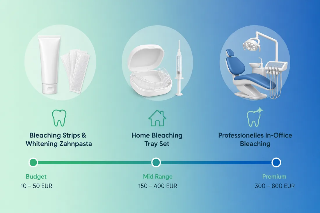 Übersicht der Zahnbleaching-Kosten von günstigsten Drogerieprodukten bis zum professionellen Zahnarzt-Bleaching im Preisvergleich.