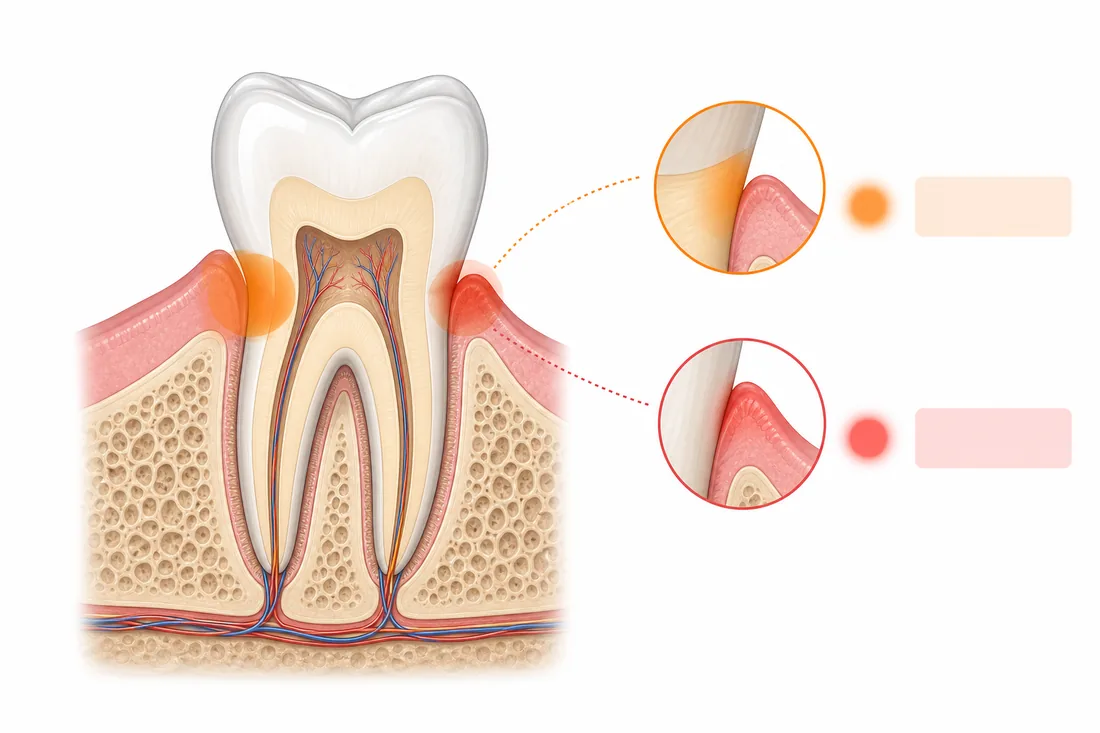 Medizinische Illustration zeigt typische Zahnbleaching-Nebenwirkungen wie Zahnempfindlichkeit am Zahnhals und Zahnfleischreizung.