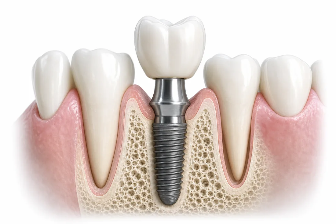 Schematischer Aufbau eines Zahnimplantats mit Implantatkörper, Abutment und Krone