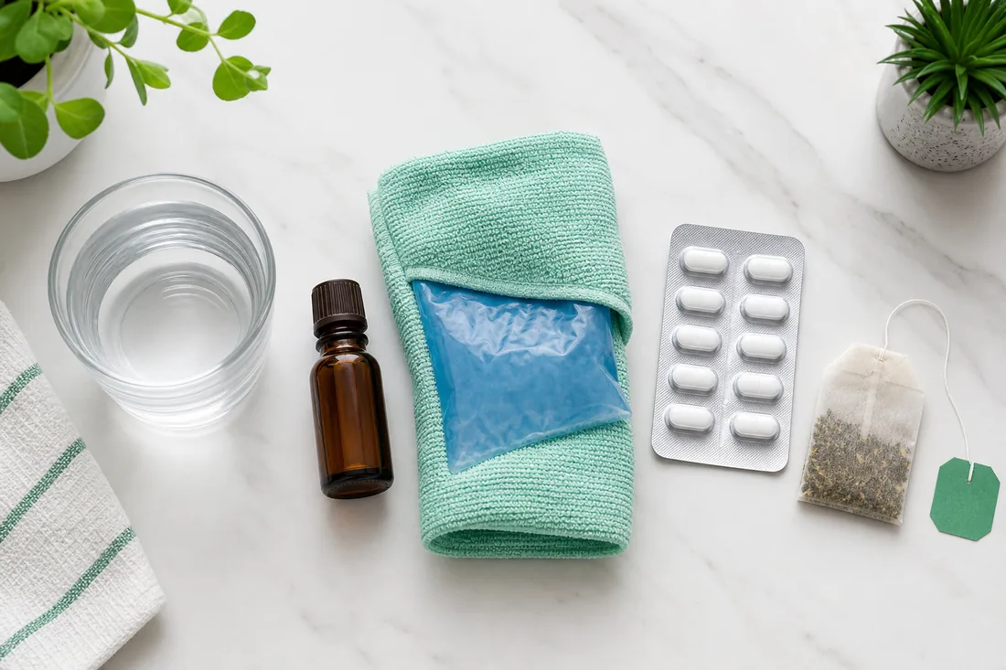 Hausmittel gegen Zahnschmerzen auf einer Küchenarbeitsfläche: Salzwasser, Nelkenöl, Kühlpack, Schmerztabletten und ein Teebeutel.